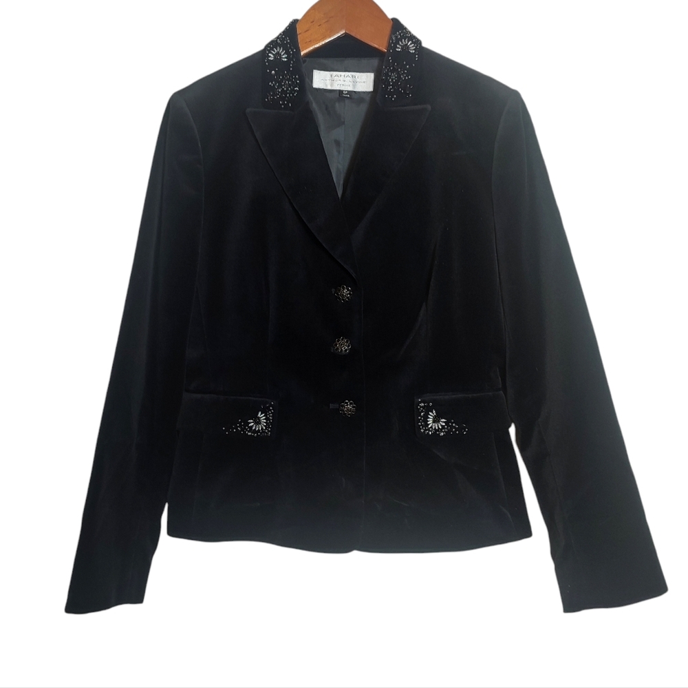 NWT Tahari ASL Black Velvet Dress Blazer Embroidered Collar  6P